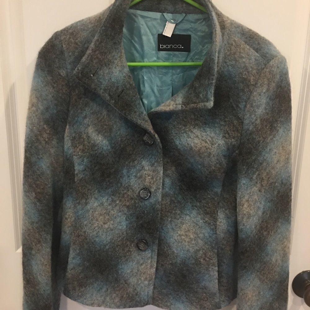 Bianca size 6 small wool pea coat jacket blue plaid